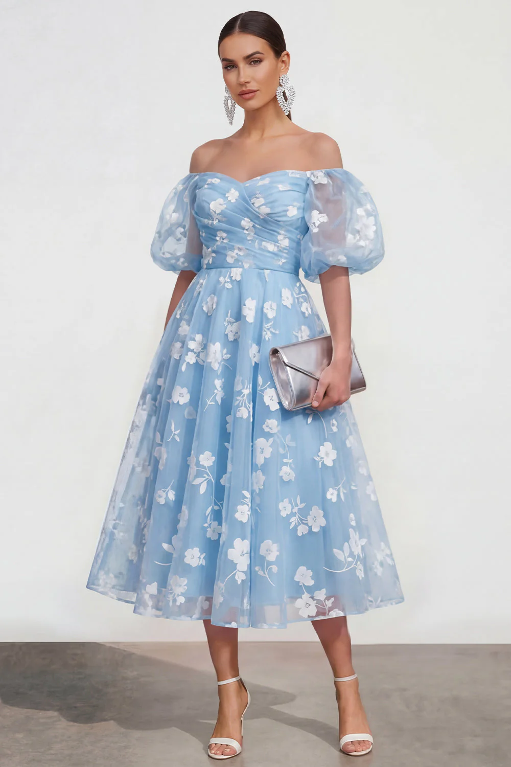 Off The Shoulder A-Line Pink Midi Floral Dress with Lace Up Back - Image 5