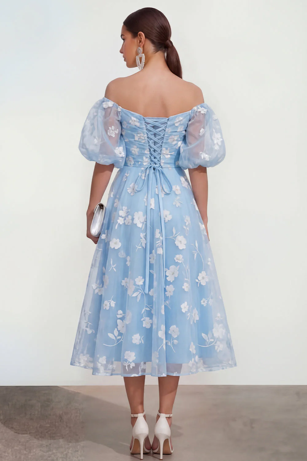 Off The Shoulder A-Line Pink Midi Floral Dress with Lace Up Back - Image 6