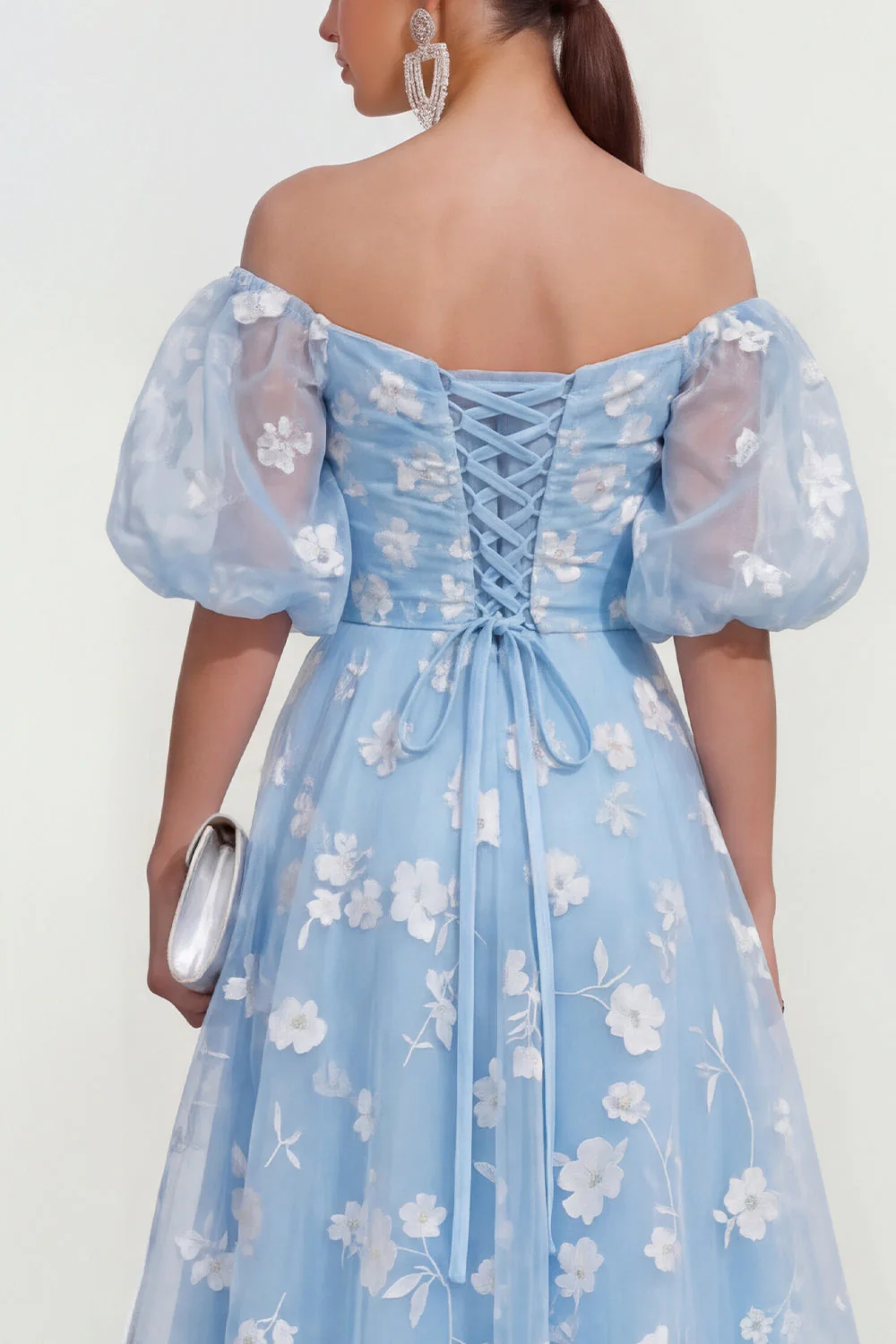 Off The Shoulder A-Line Pink Midi Floral Dress with Lace Up Back - Image 8