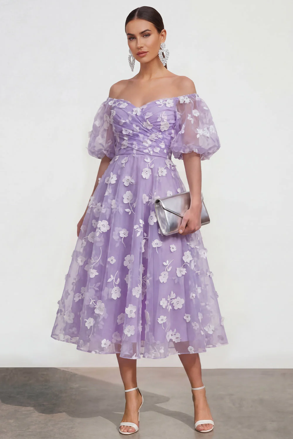 Off The Shoulder A-Line Pink Midi Floral Dress with Lace Up Back - Image 9