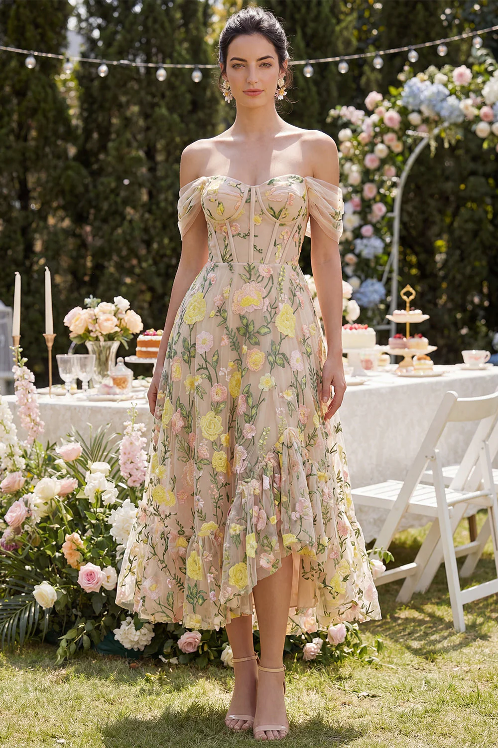 Off the Shoulder A-Line Tulle Champagne Corset Embroidered Floral Midi Dress