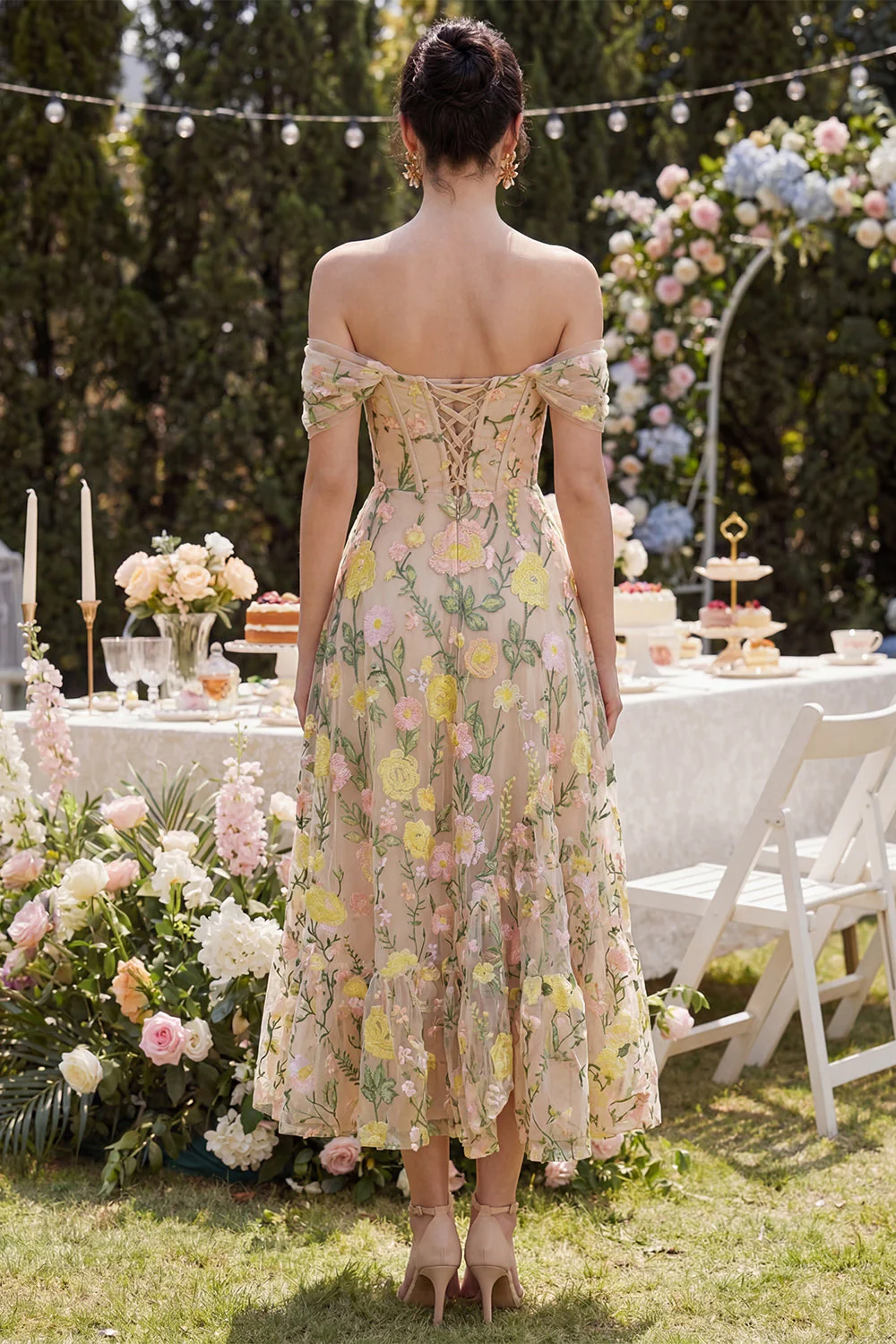 Off the Shoulder A-Line Tulle Champagne Corset Embroidered Floral Midi Dress - Image 2