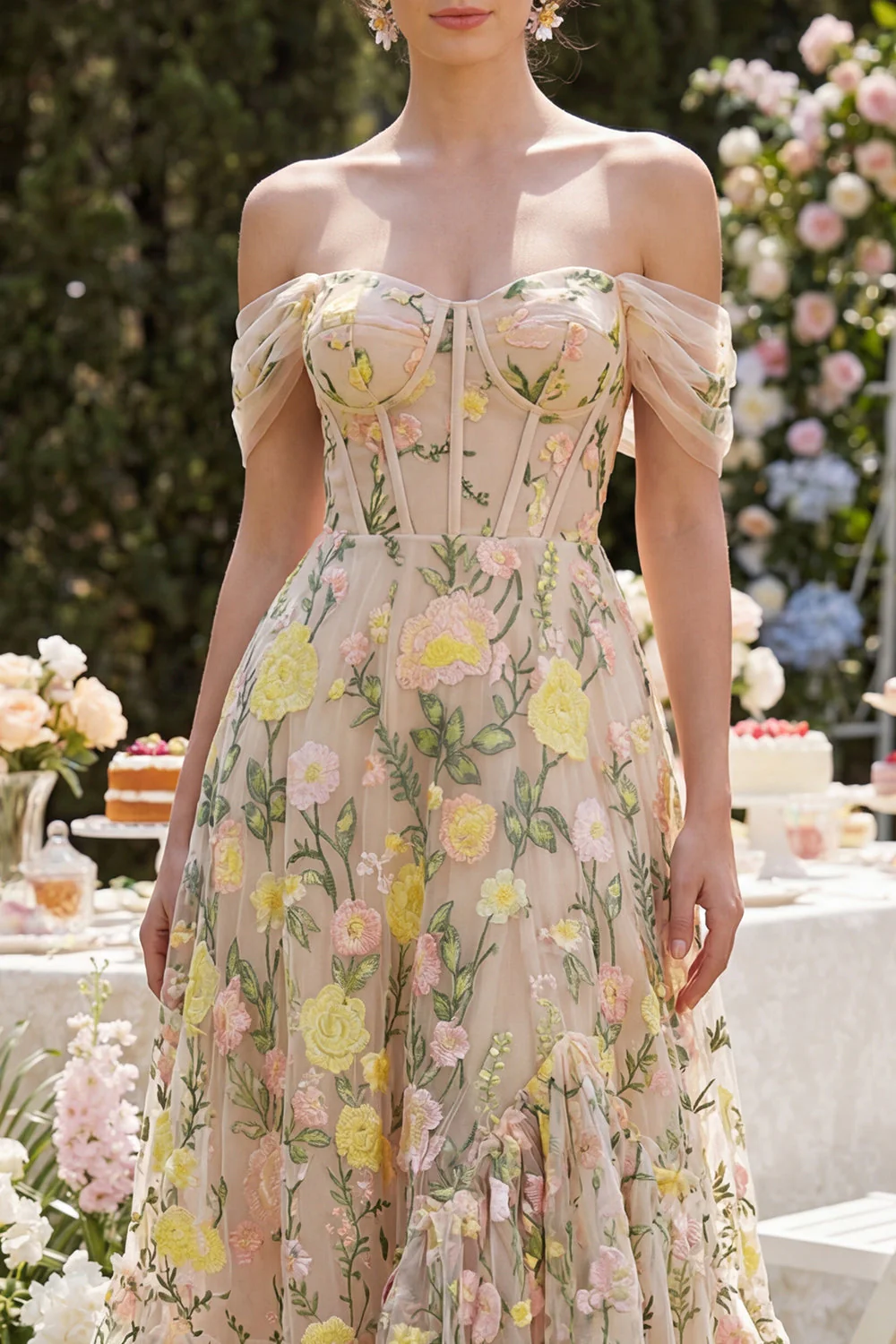 Off the Shoulder A-Line Tulle Champagne Corset Embroidered Floral Midi Dress - Image 3