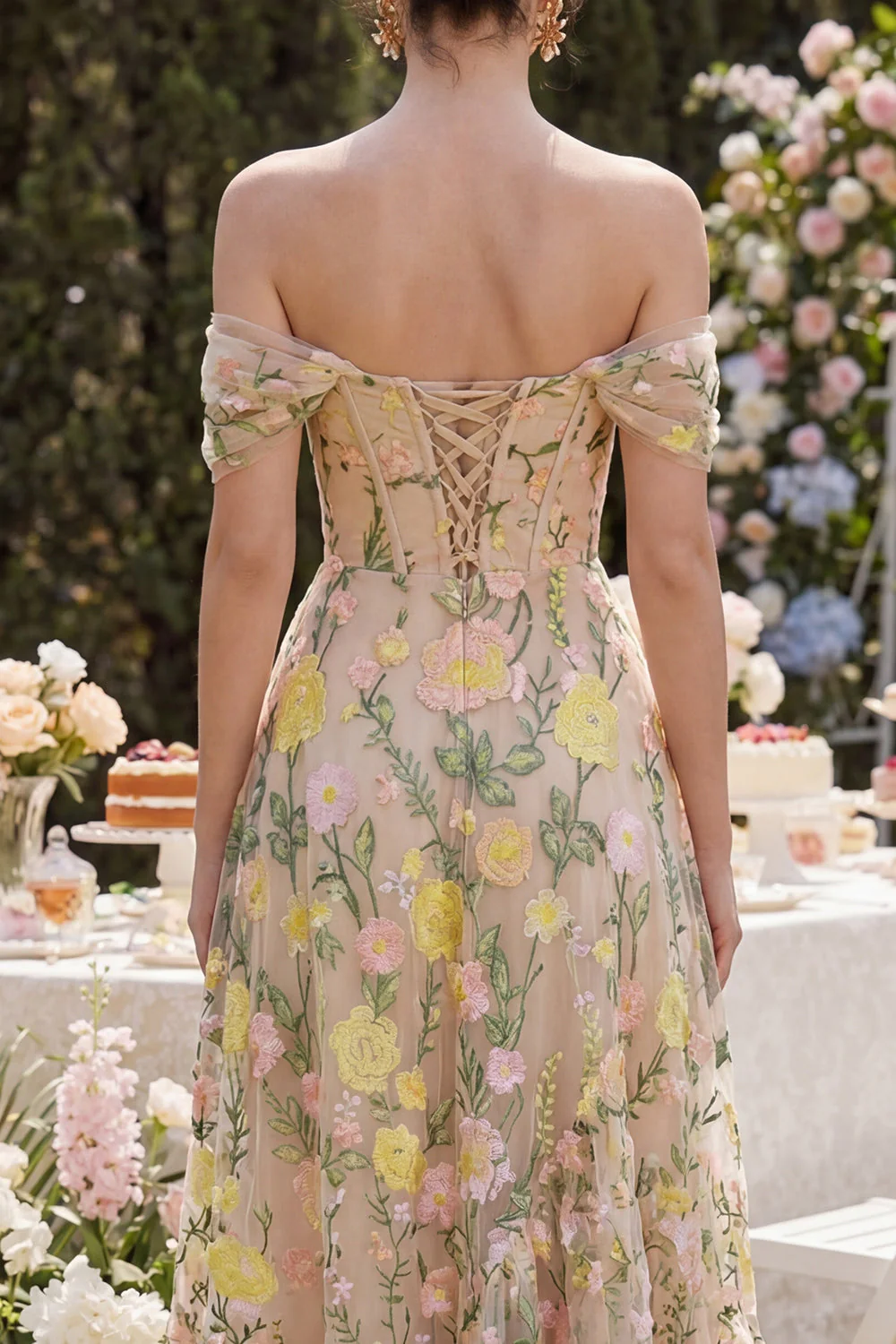 Off the Shoulder A-Line Tulle Champagne Corset Embroidered Floral Midi Dress - Image 4