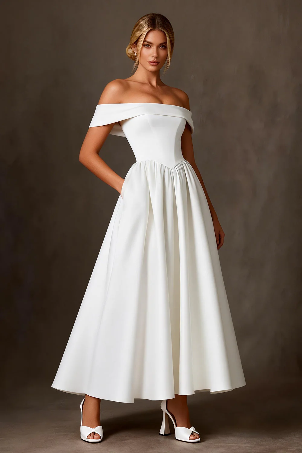 Off the Shoulder A-Line White Long Engagement Dress