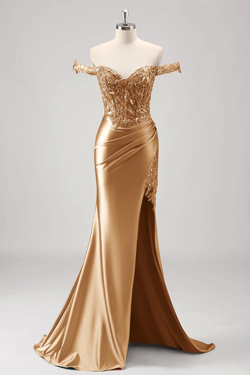 Off the Shoulder Applique Mermaid Grey Green Prom Dress with Slit - Image 10