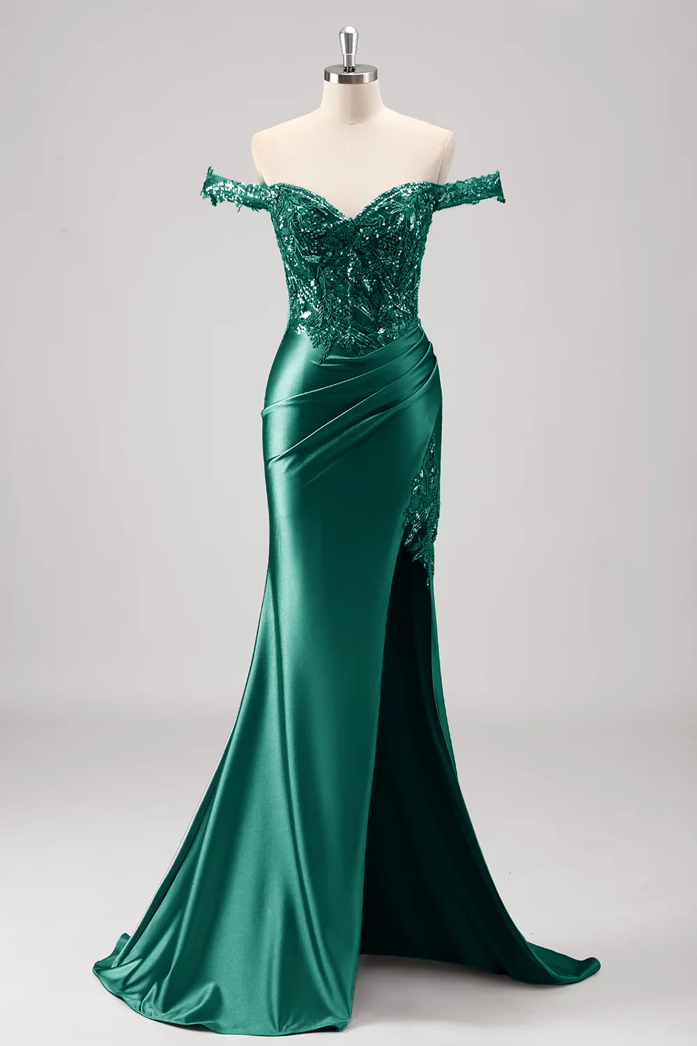 Off the Shoulder Applique Mermaid Grey Green Prom Dress with Slit - Image 12