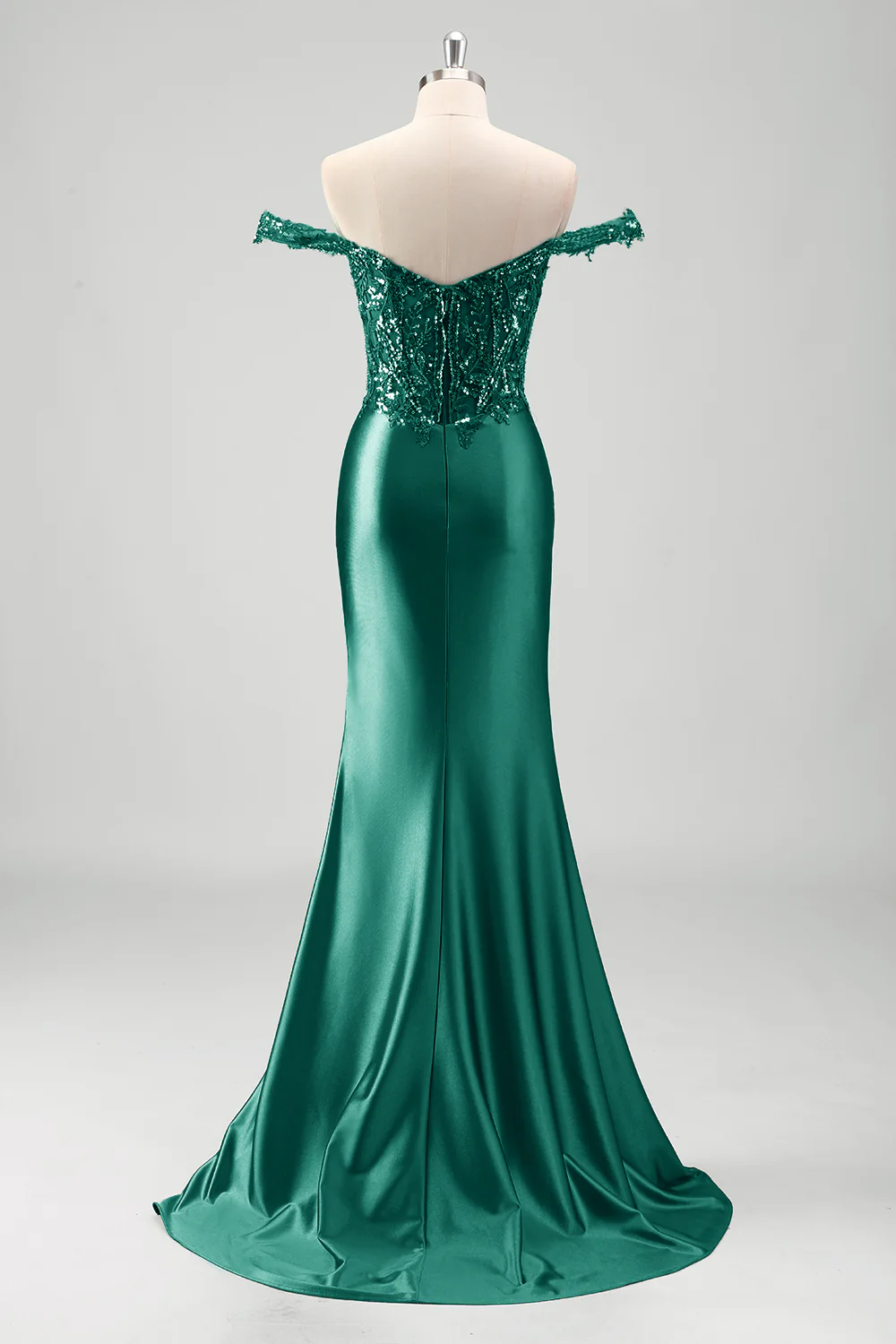 Off the Shoulder Applique Mermaid Grey Green Prom Dress with Slit - Image 13