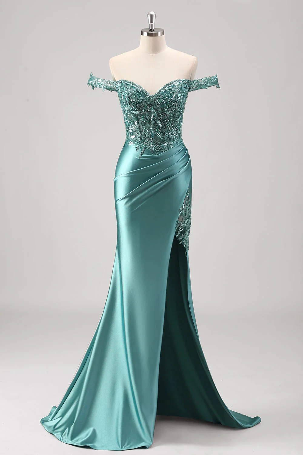 Off the Shoulder Applique Mermaid Grey Green Prom Dress with Slit - Image 3