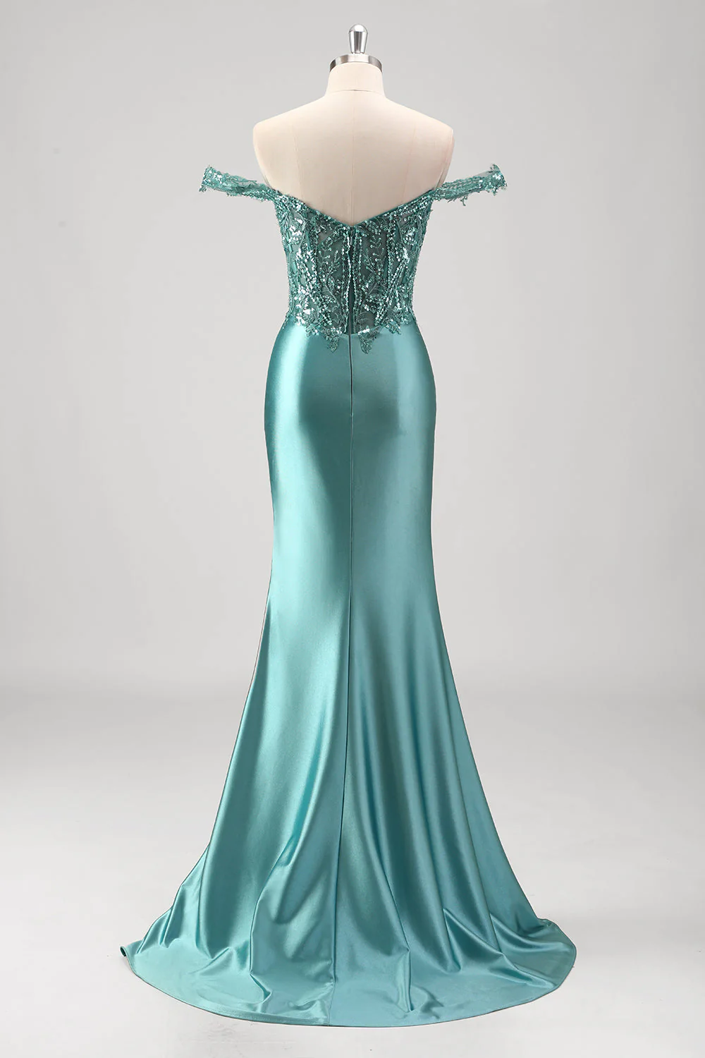 Off the Shoulder Applique Mermaid Grey Green Prom Dress with Slit - Image 4