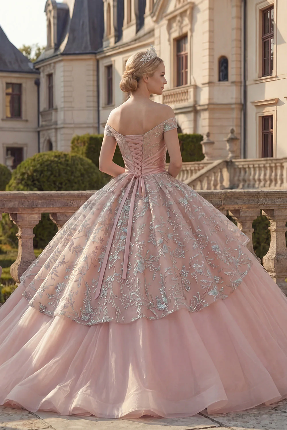 Off the Shoulder Ball Gown Blush Ruffled Princess Quinceanera Dress - Image 2