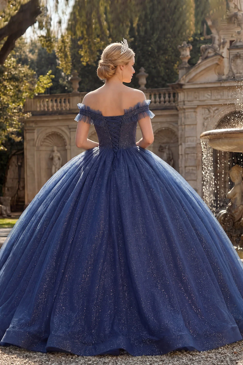 Off the Shoulder Ball Gown Navy Glitter Princess Quinceanera Dress - Image 2