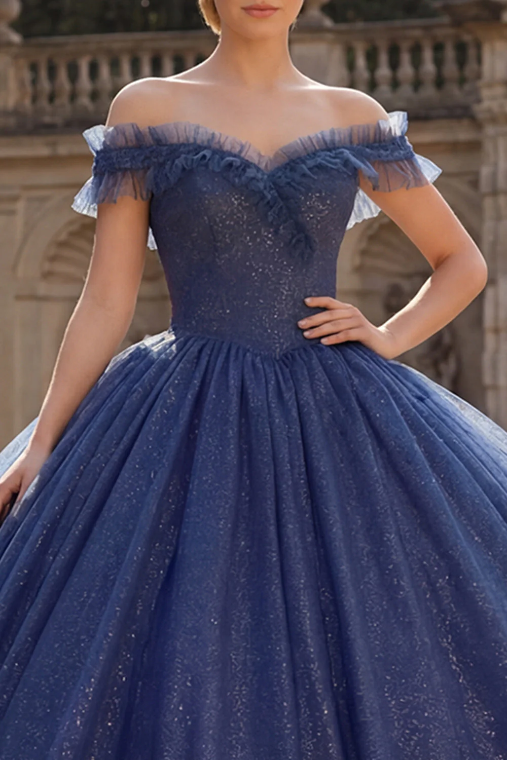 Off the Shoulder Ball Gown Navy Glitter Princess Quinceanera Dress - Image 3