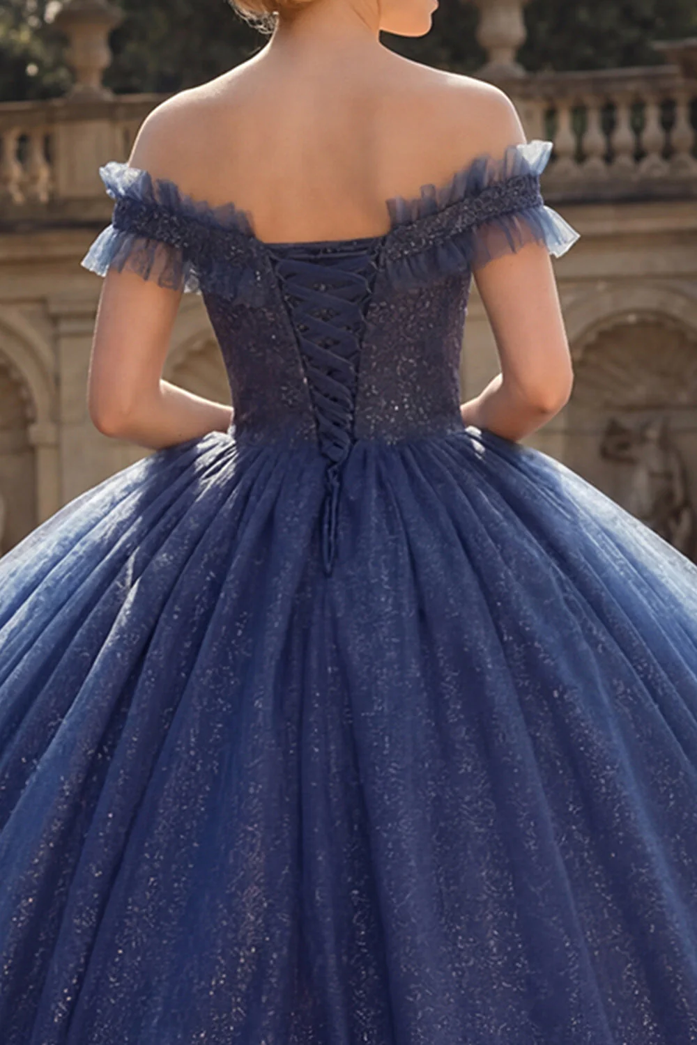 Off the Shoulder Ball Gown Navy Glitter Princess Quinceanera Dress - Image 4