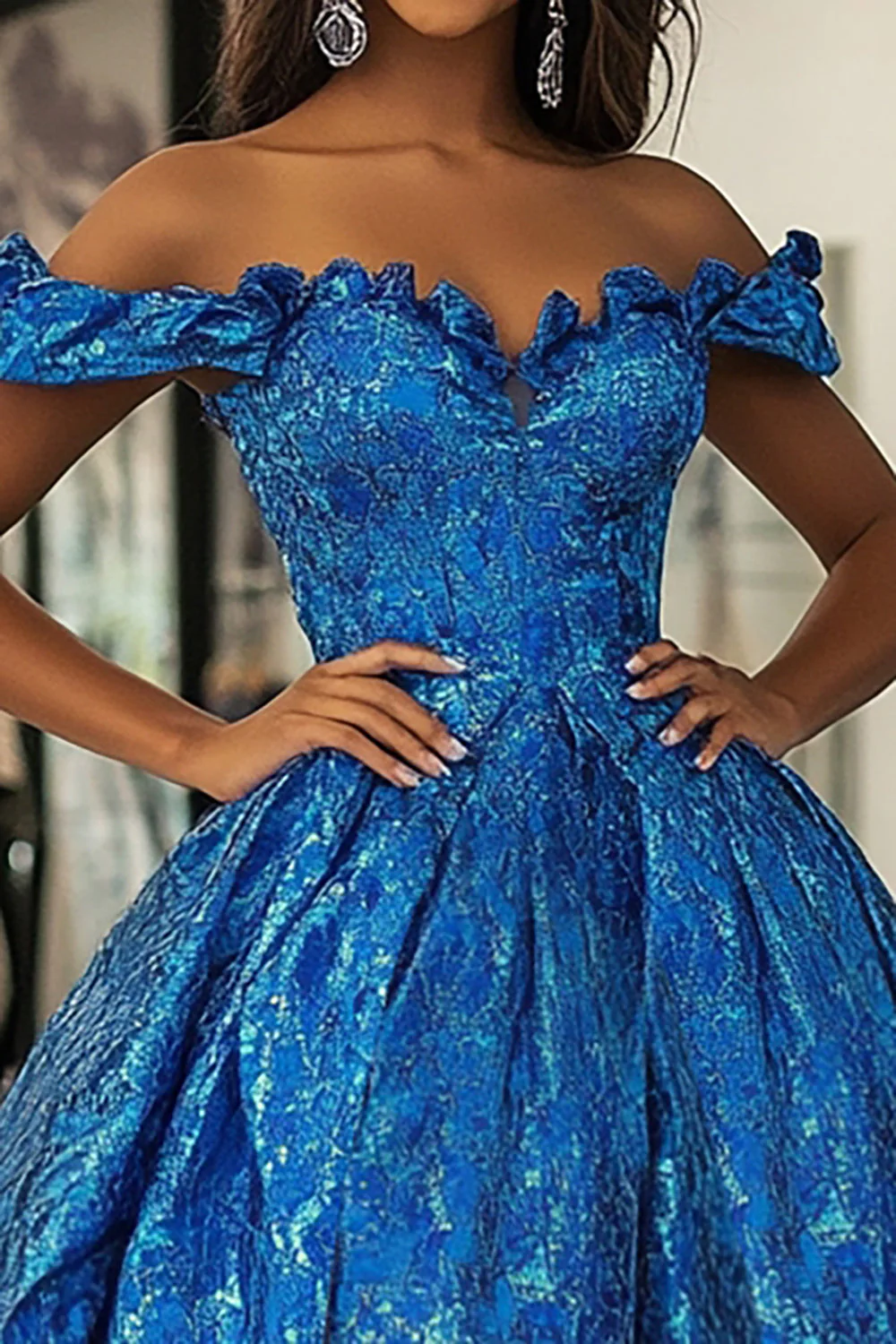 Off The Shoulder Ball Gown Royal Blue Corset Prom Dress - Image 2