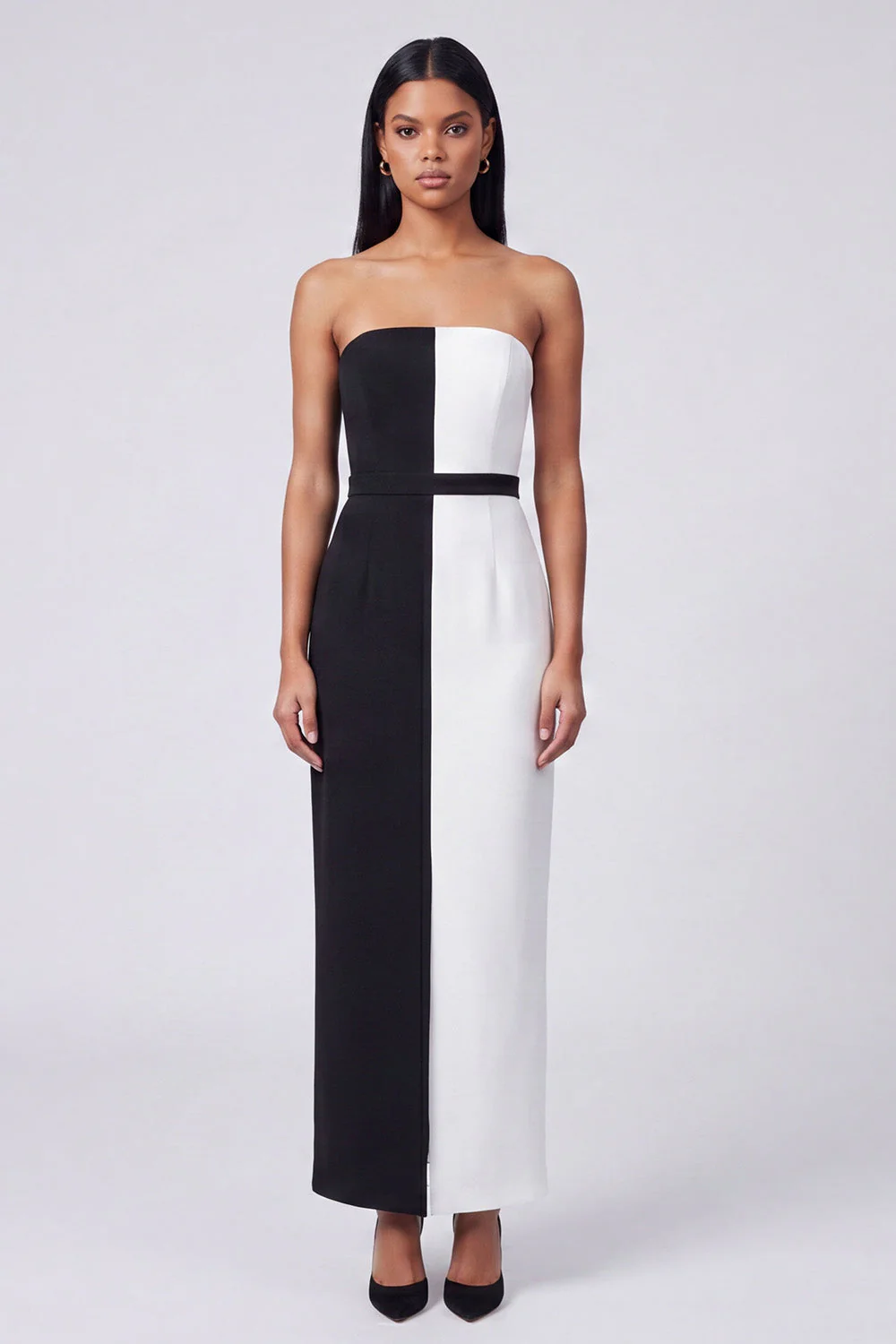 Strapless Black and White Sheath Maxi Dress