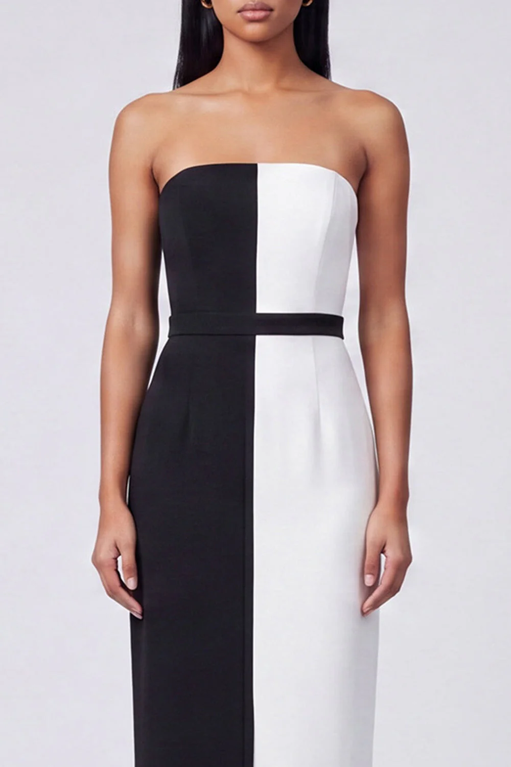 Strapless Black and White Sheath Maxi Dress - Image 3