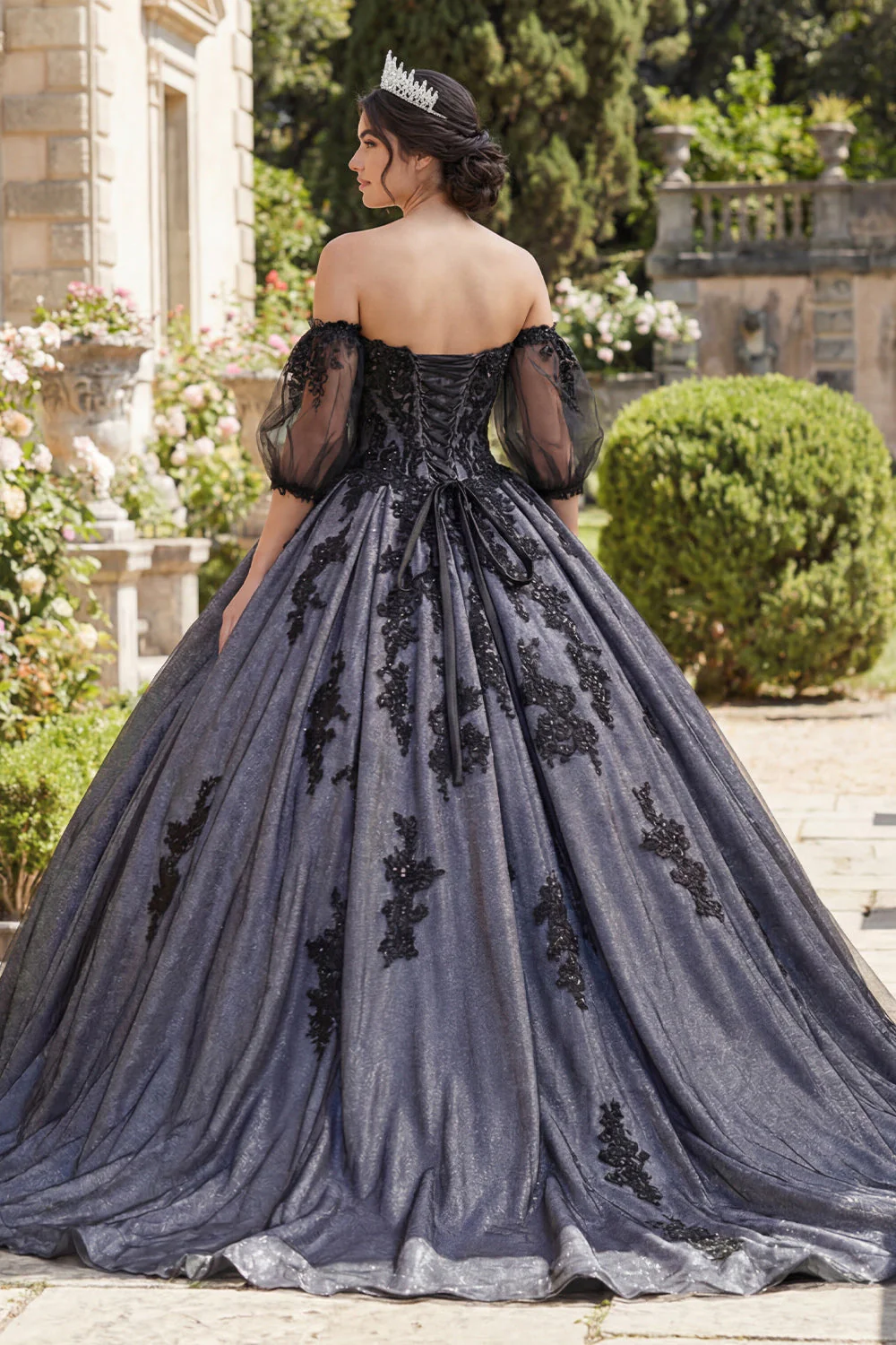 Off The Shoulder Black Appliqued Ball Gown Quinceanera Dress - Image 2