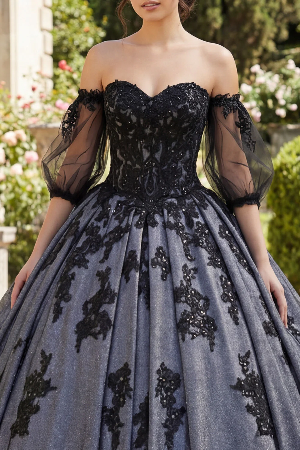 Off The Shoulder Black Appliqued Ball Gown Quinceanera Dress - Image 3