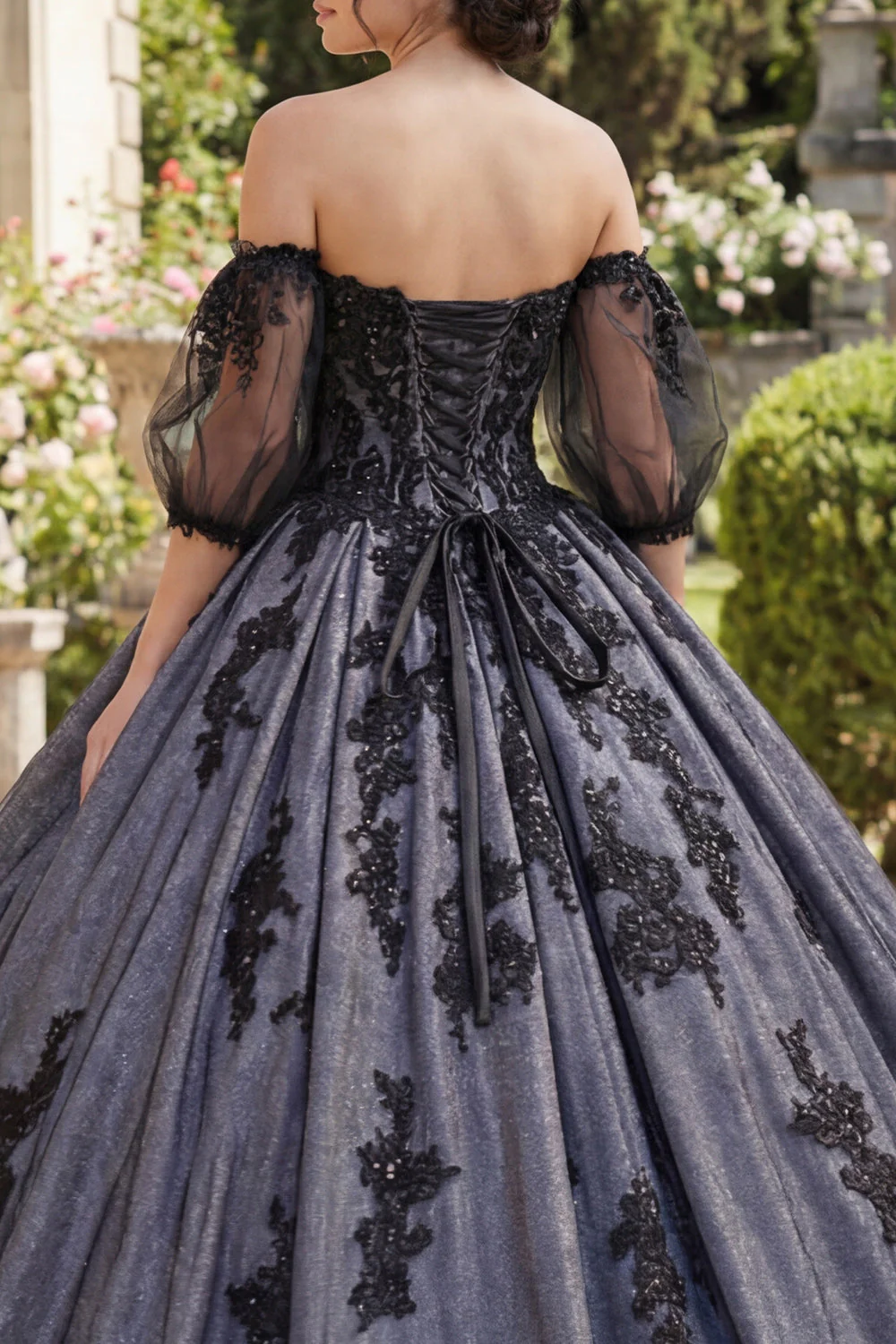 Off The Shoulder Black Appliqued Ball Gown Quinceanera Dress - Image 4