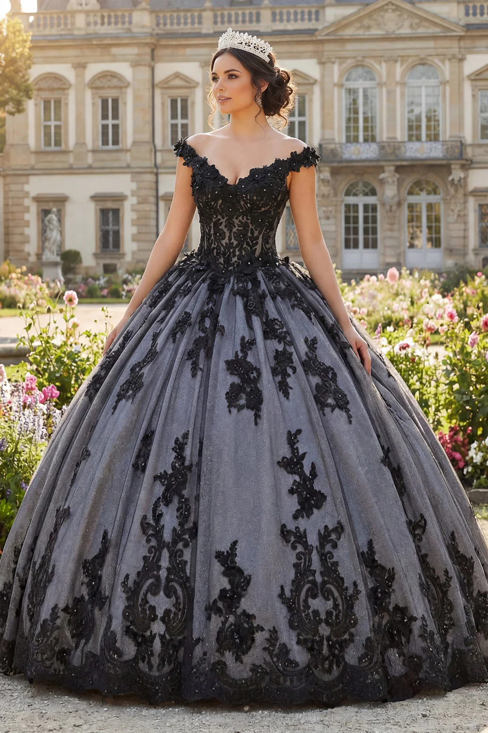 Off The Shoulder Black Ball Gown Appliqued Quinceanera Dress