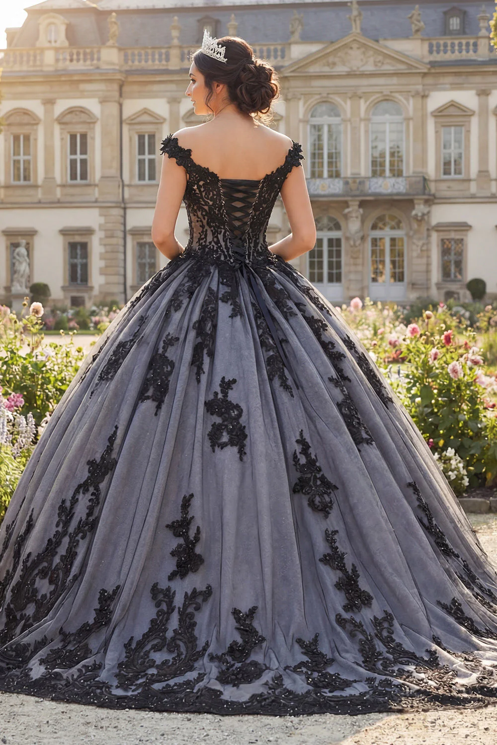 Off The Shoulder Black Ball Gown Appliqued Quinceanera Dress - Image 2