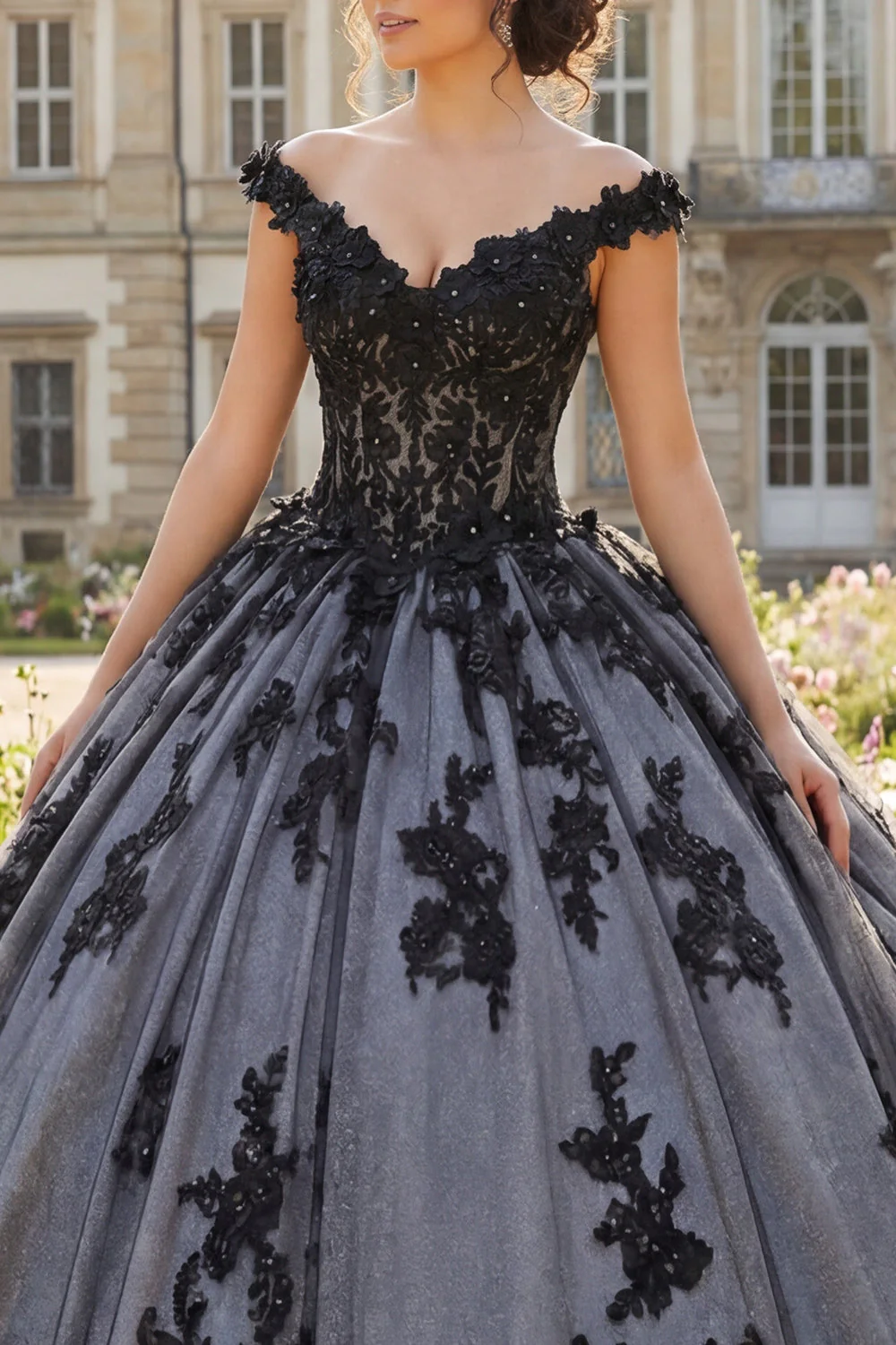 Off The Shoulder Black Ball Gown Appliqued Quinceanera Dress - Image 3