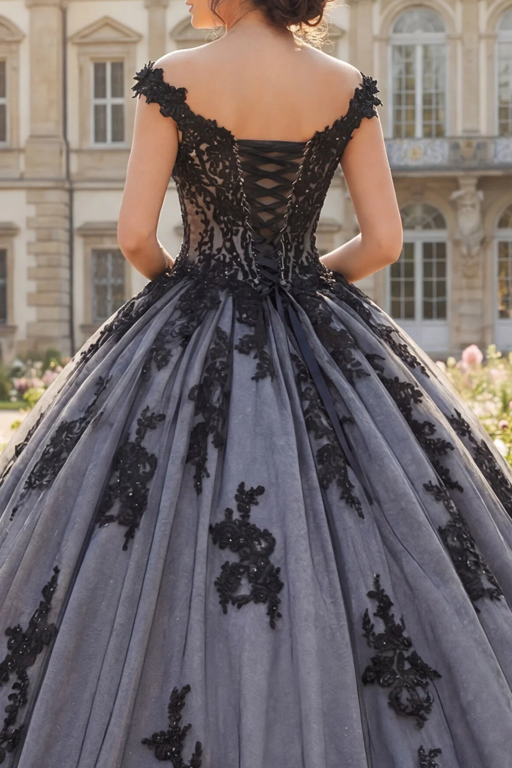 Off The Shoulder Black Ball Gown Appliqued Quinceanera Dress - Image 4
