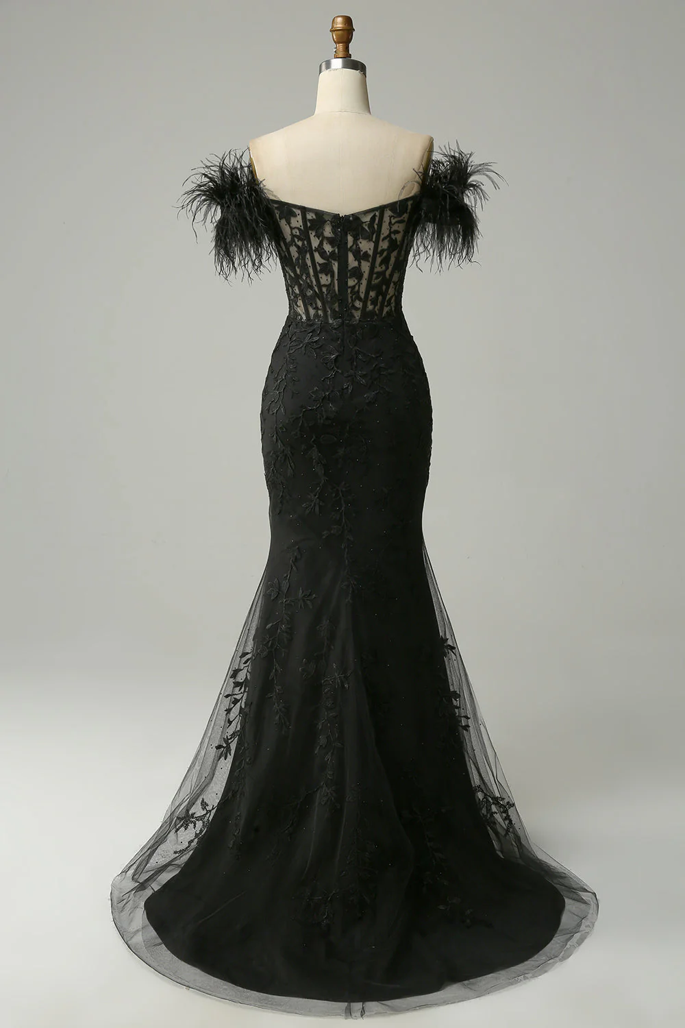 Off the Shoulder Black Mermaid Prom Dress with Feathers - Image 2