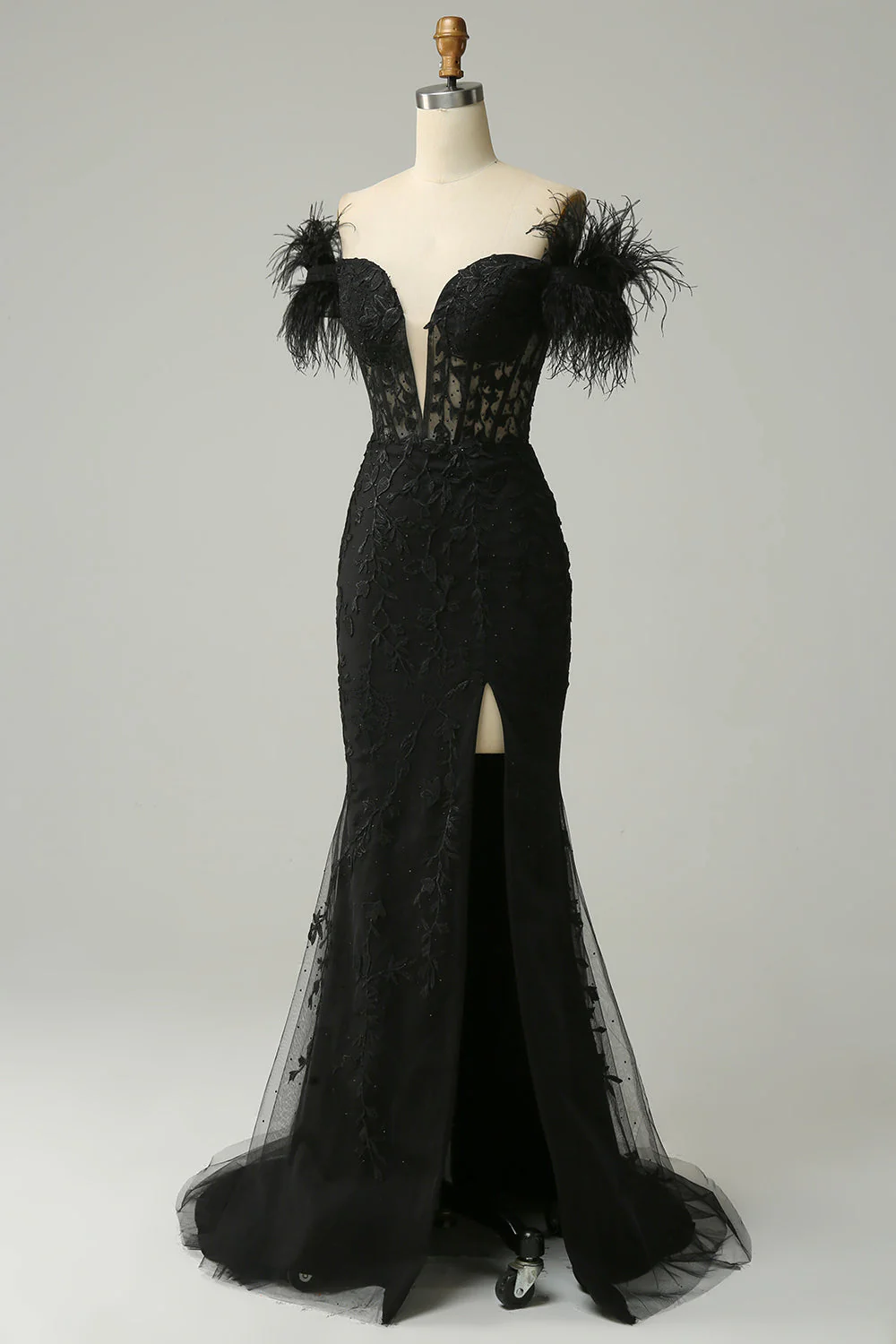 Off the Shoulder Black Mermaid Prom Dress with Feathers - Image 3