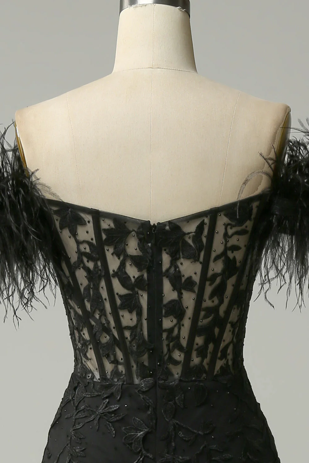 Off the Shoulder Black Mermaid Prom Dress with Feathers - Image 6