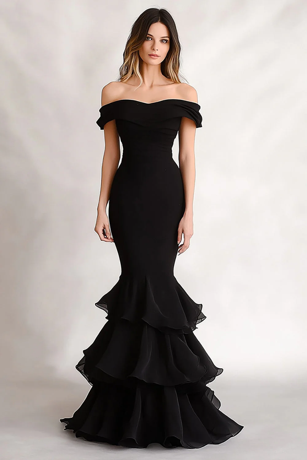 Off the Shoulder Black Mermaid Tiered Satin Evening Dress