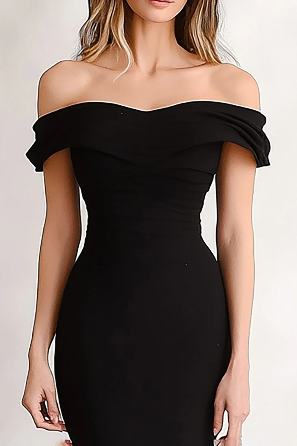 Off the Shoulder Black Mermaid Tiered Satin Evening Dress - Image 2