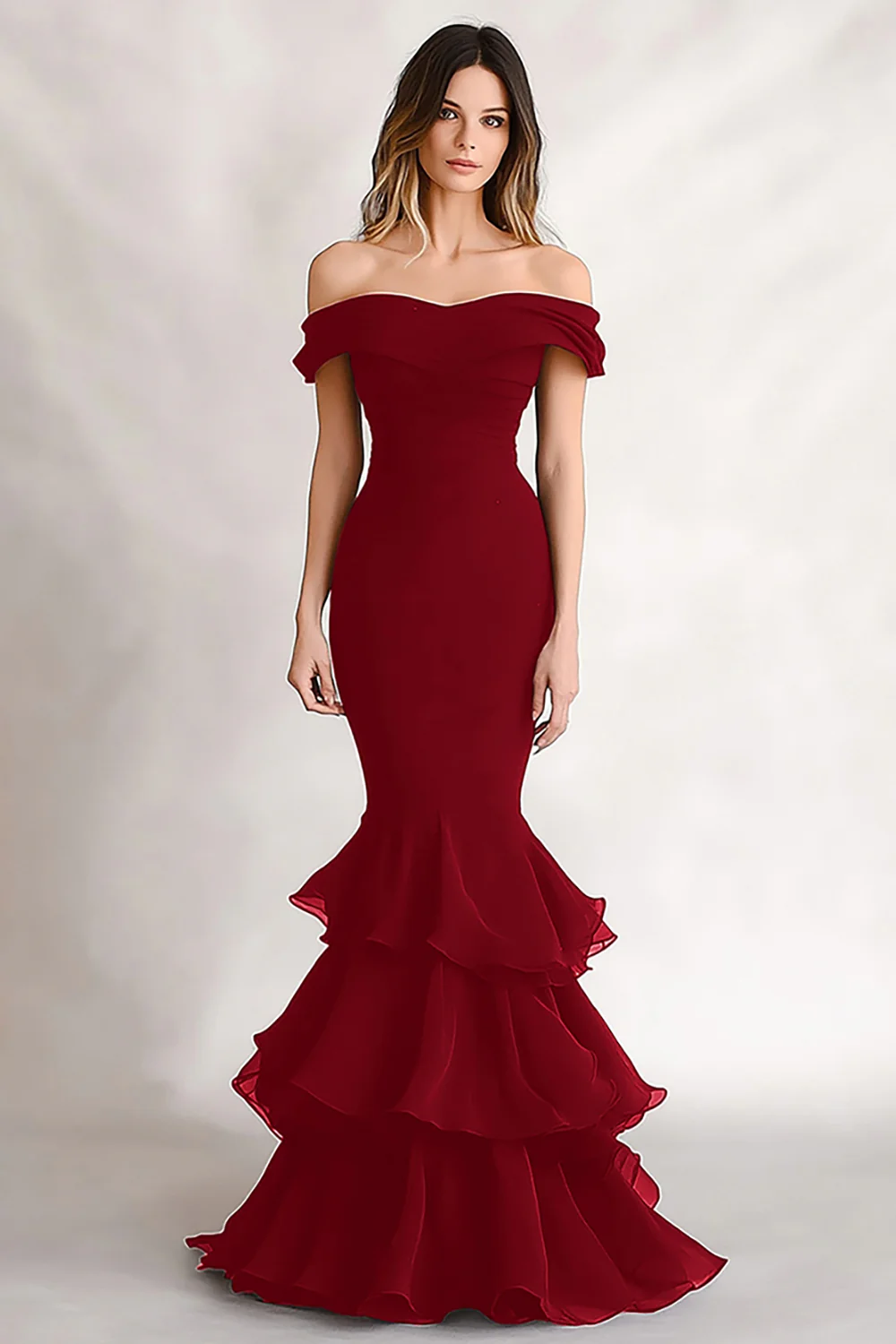 Off the Shoulder Black Mermaid Tiered Satin Evening Dress - Image 3