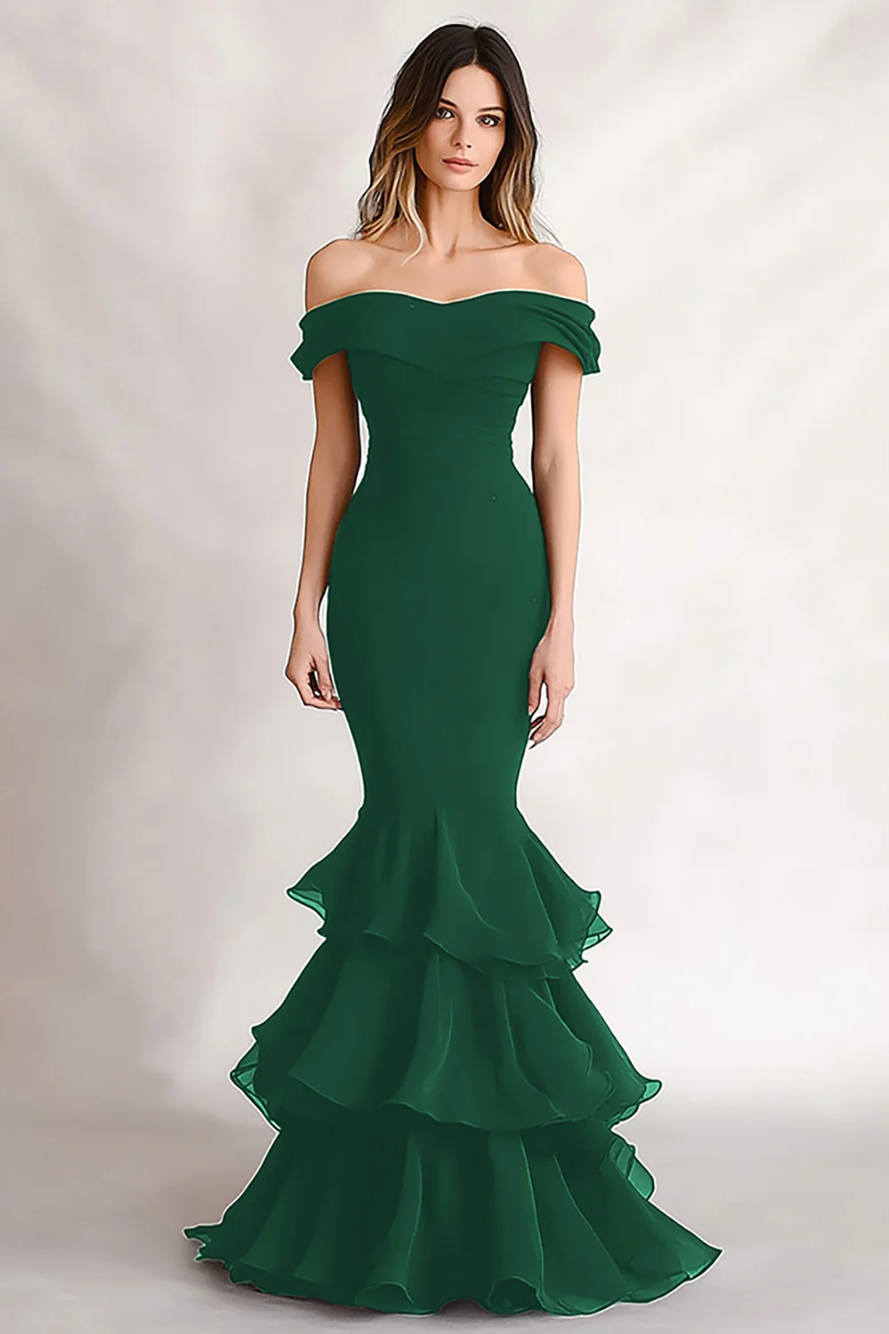Off the Shoulder Black Mermaid Tiered Satin Evening Dress - Image 4