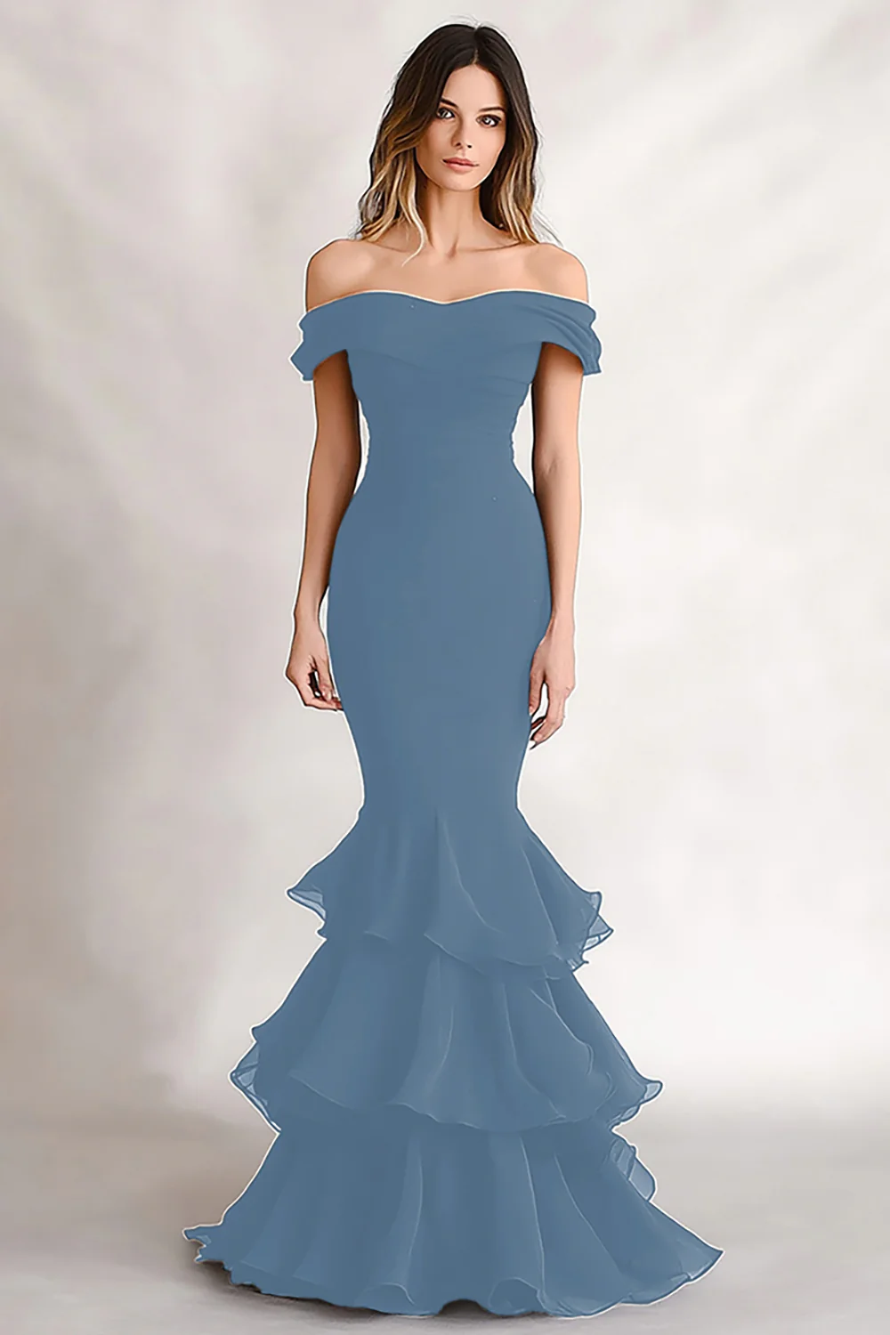 Off the Shoulder Black Mermaid Tiered Satin Evening Dress - Image 5