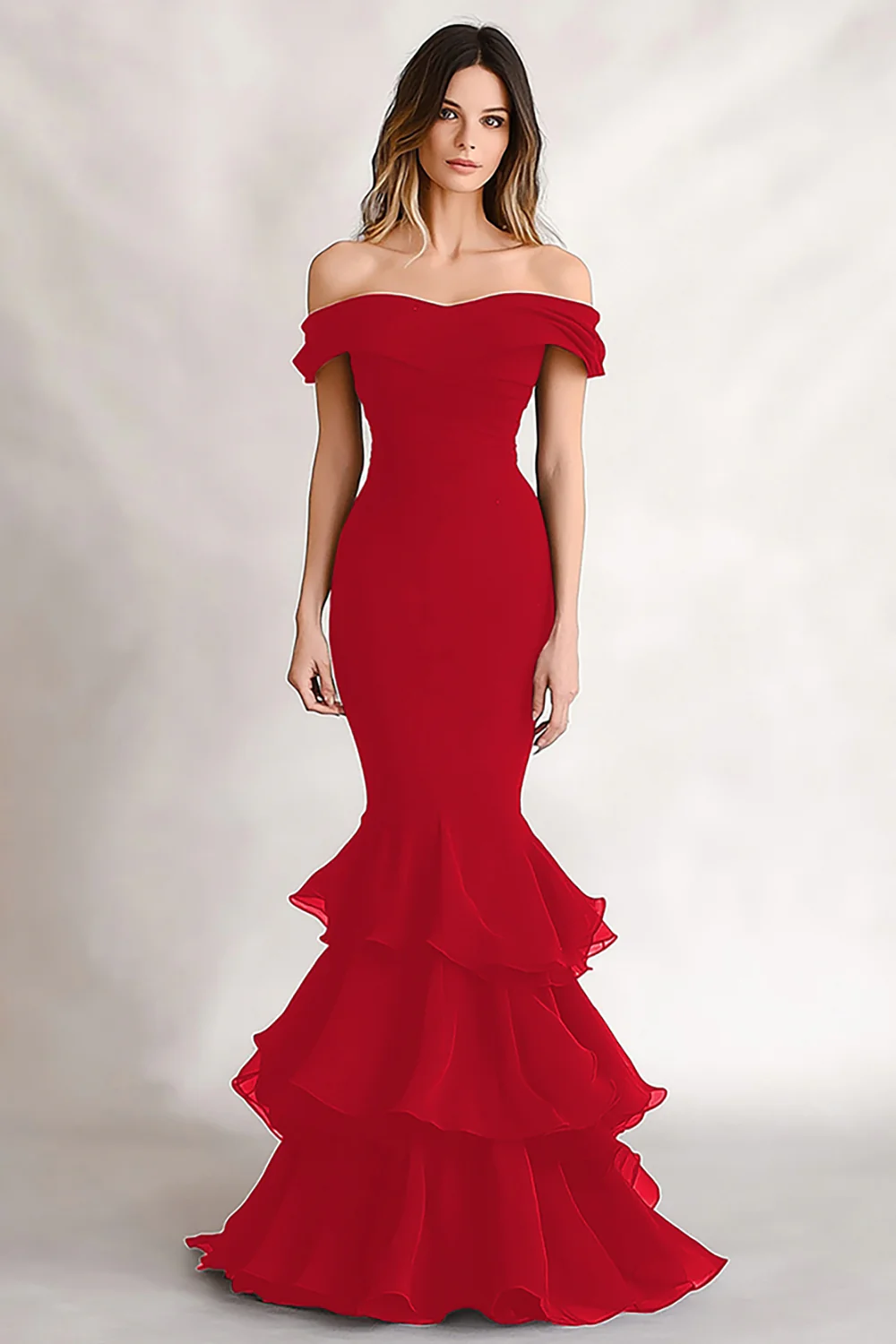 Off the Shoulder Black Mermaid Tiered Satin Evening Dress - Image 6