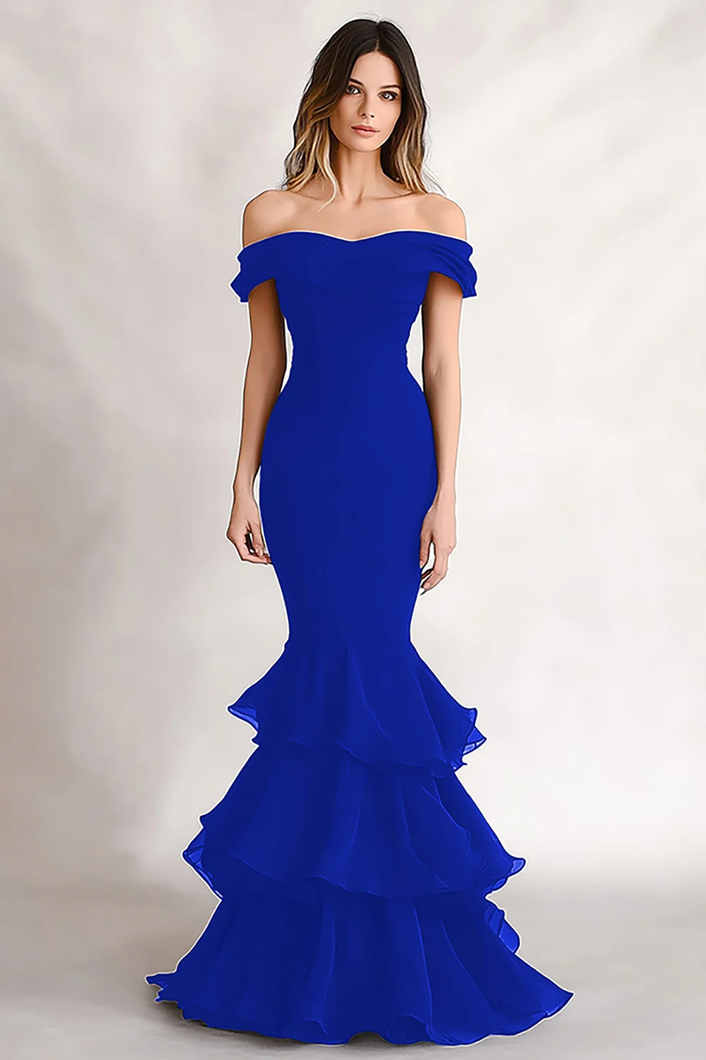 Off the Shoulder Black Mermaid Tiered Satin Evening Dress - Image 7