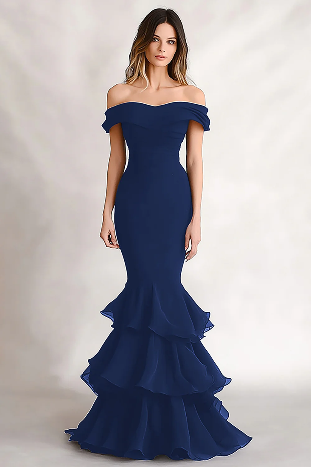 Off the Shoulder Black Mermaid Tiered Satin Evening Dress - Image 8