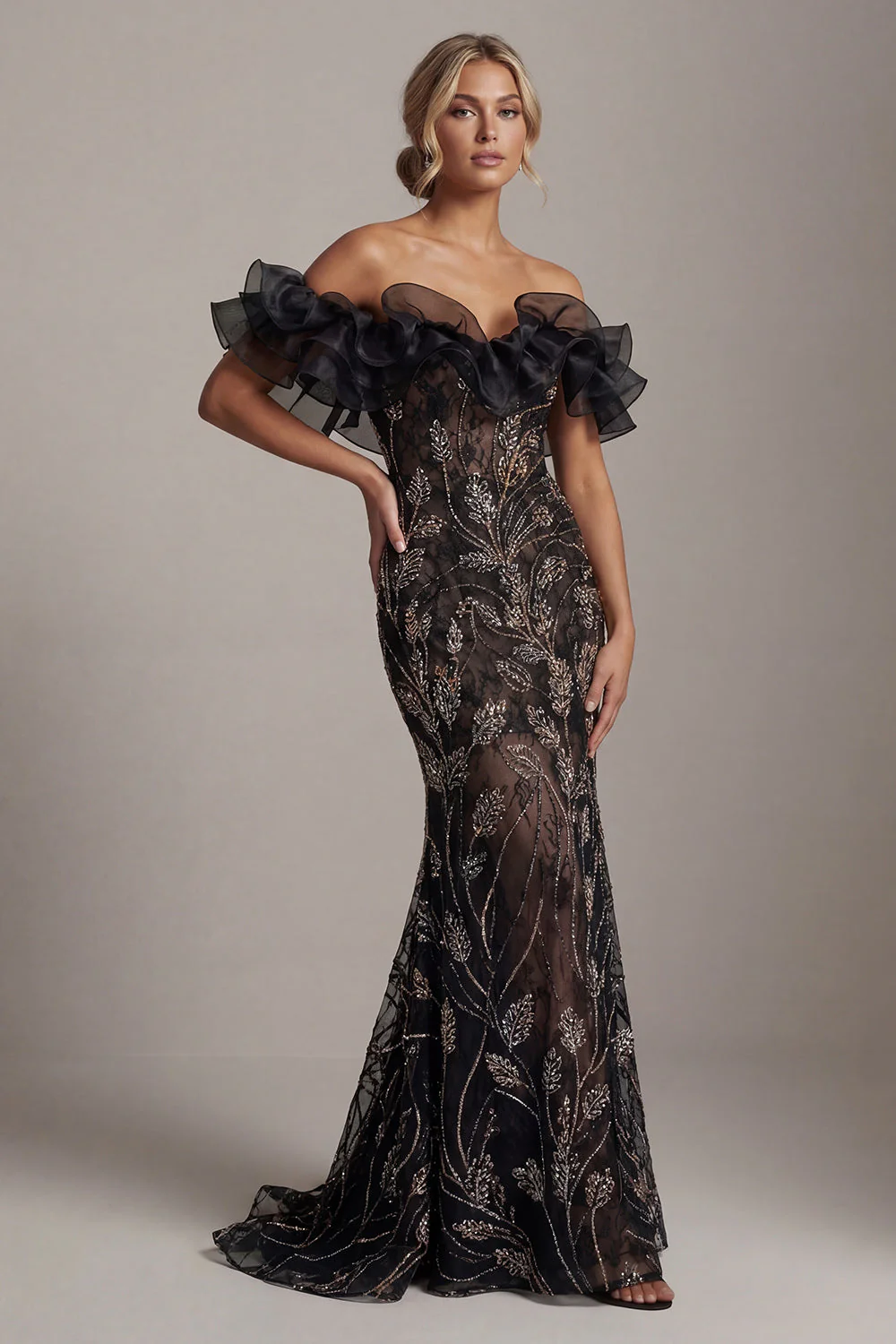 Off The Shoulder Black Sequin Mermaid Mother of the Bride Dress - Image 3
