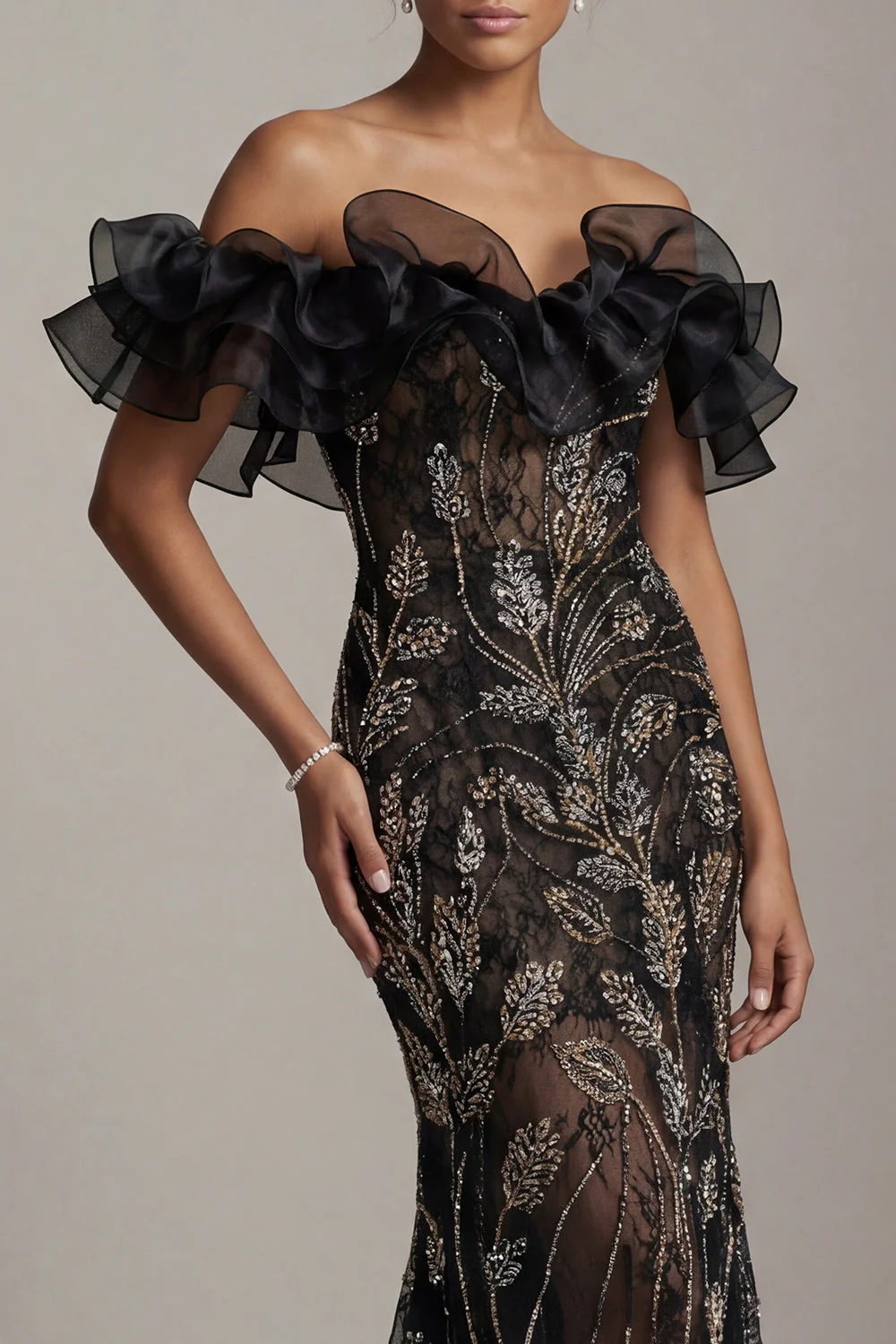 Off The Shoulder Black Sequin Mermaid Mother of the Bride Dress - Image 4