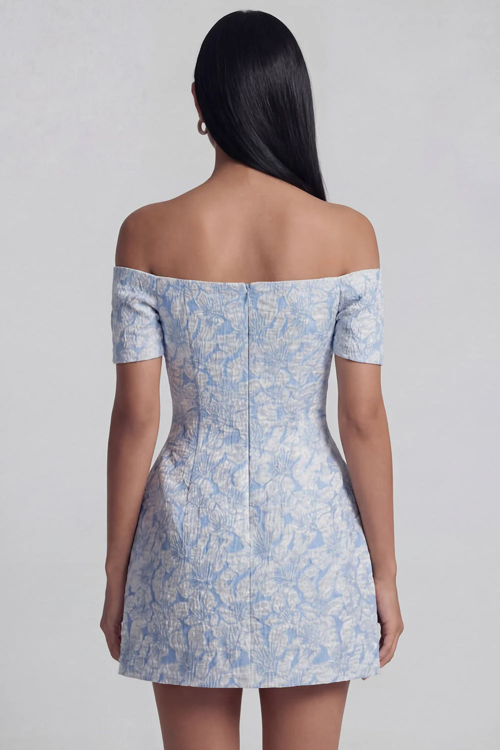 Off the Shoulder Blue Jacquard A-Line Mini Floral Dress With Bow - Image 2