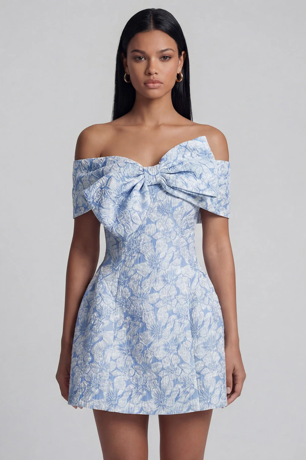 Off the Shoulder Blue Jacquard A-Line Mini Floral Dress With Bow - Image 3