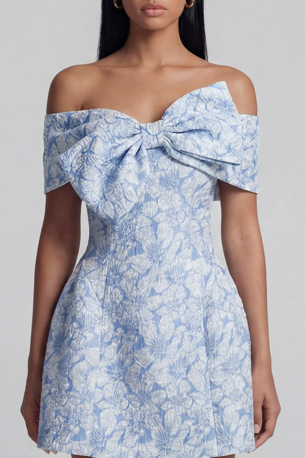 Off the Shoulder Blue Jacquard A-Line Mini Floral Dress With Bow - Image 4