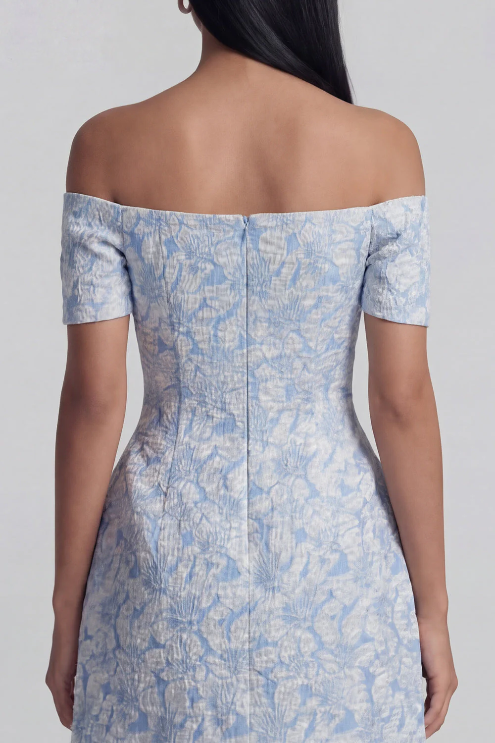 Off the Shoulder Blue Jacquard A-Line Mini Floral Dress With Bow - Image 5