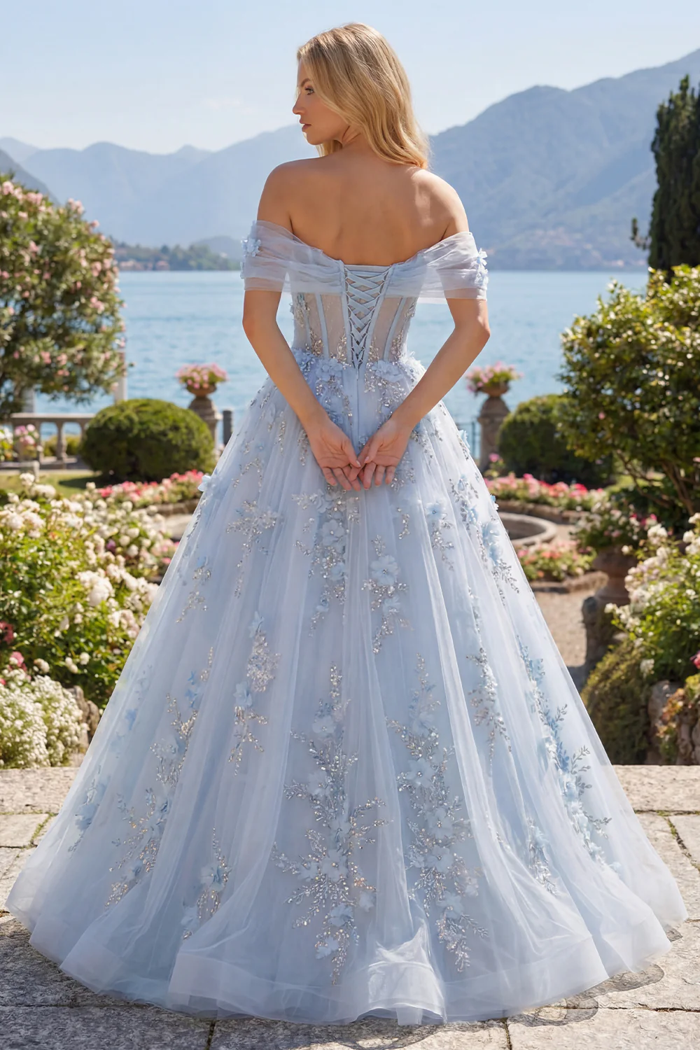 Off The Shoulder Blue Princess Corset Tulle Long Prom Dress with 3D Flowers - Image 2