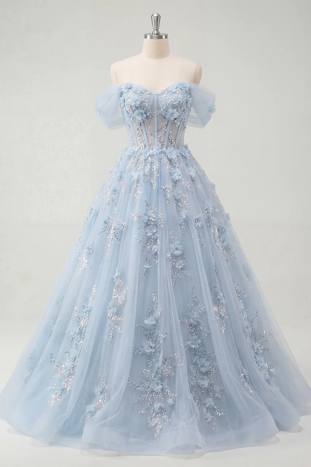 Off The Shoulder Blue Princess Corset Tulle Long Prom Dress with 3D Flowers - Image 3