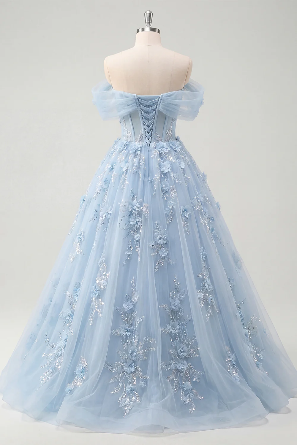 Off The Shoulder Blue Princess Corset Tulle Long Prom Dress with 3D Flowers - Image 4