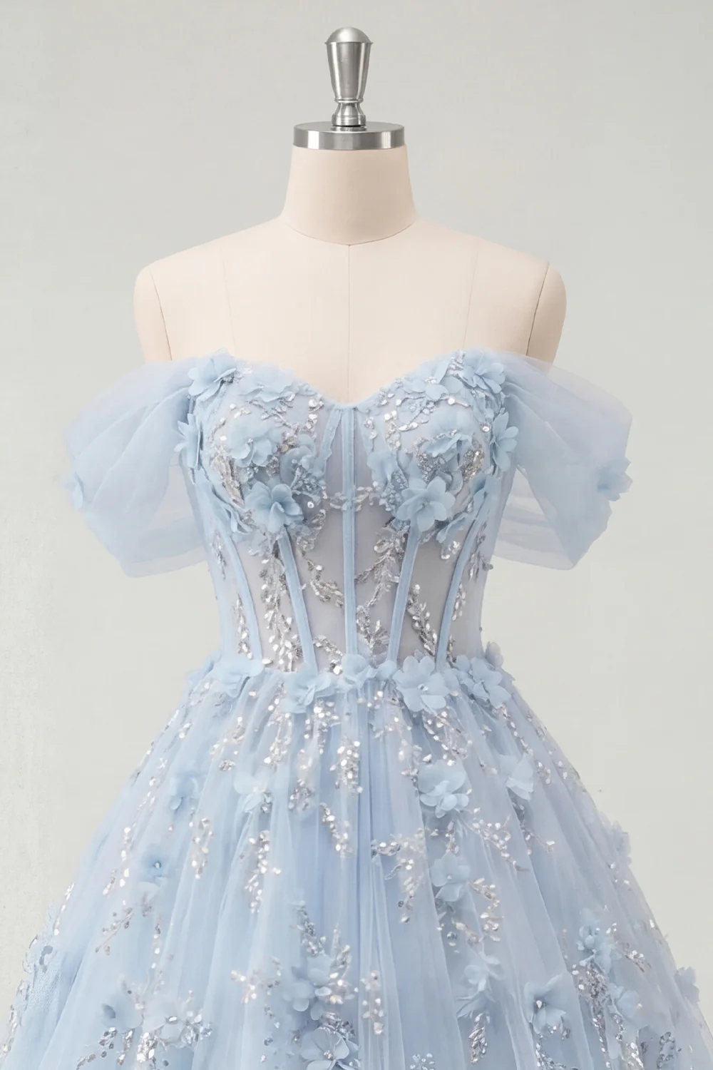 Off The Shoulder Blue Princess Corset Tulle Long Prom Dress with 3D Flowers - Image 5