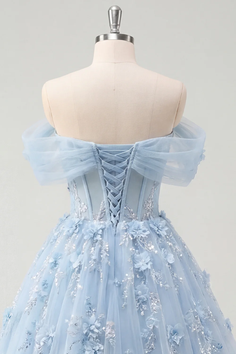 Off The Shoulder Blue Princess Corset Tulle Long Prom Dress with 3D Flowers - Image 6